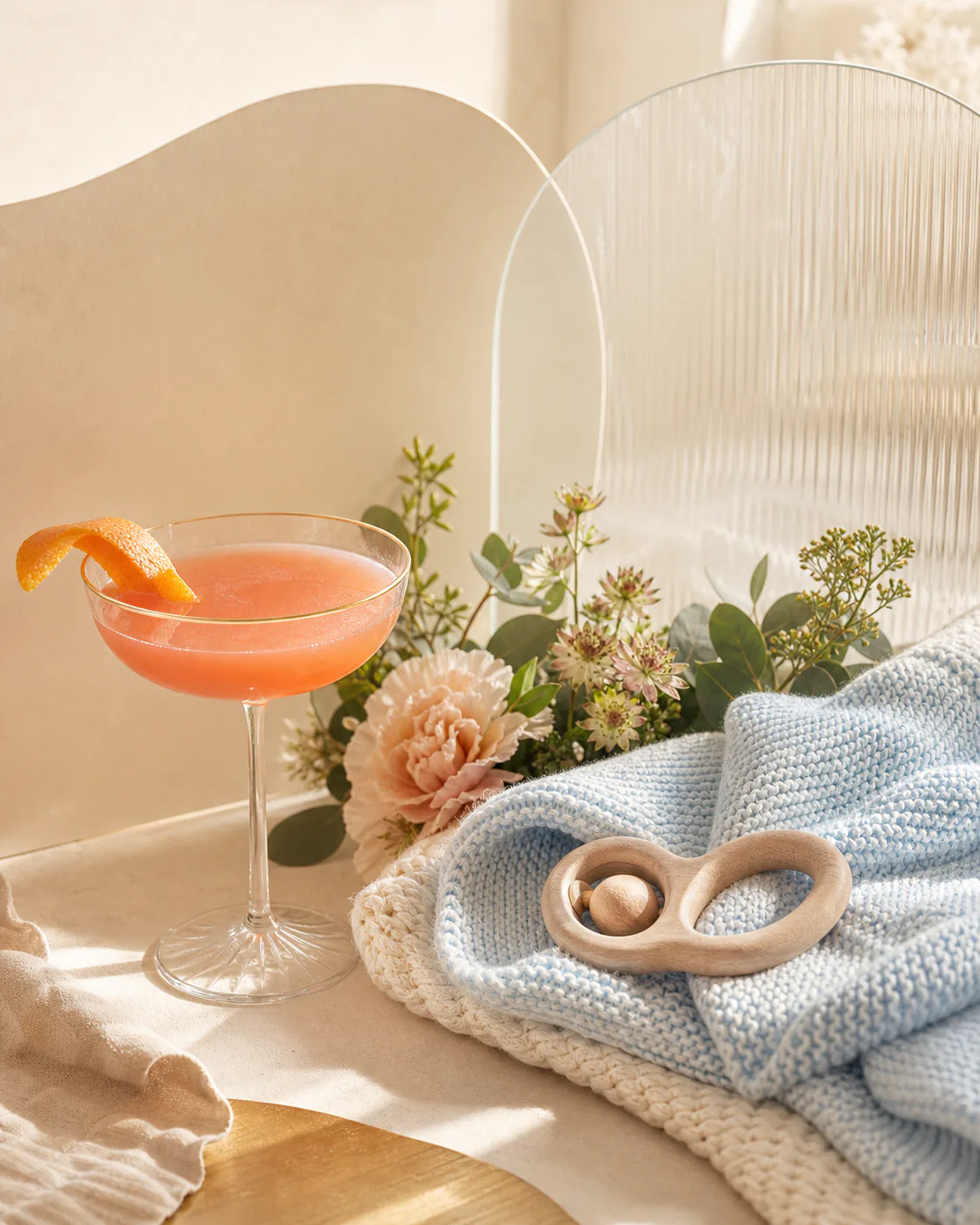 Coralfarbener Cocktail neben einer babyblauen Strickdecke und einem Holzspielzeug in warmer, heller Atmosphäre