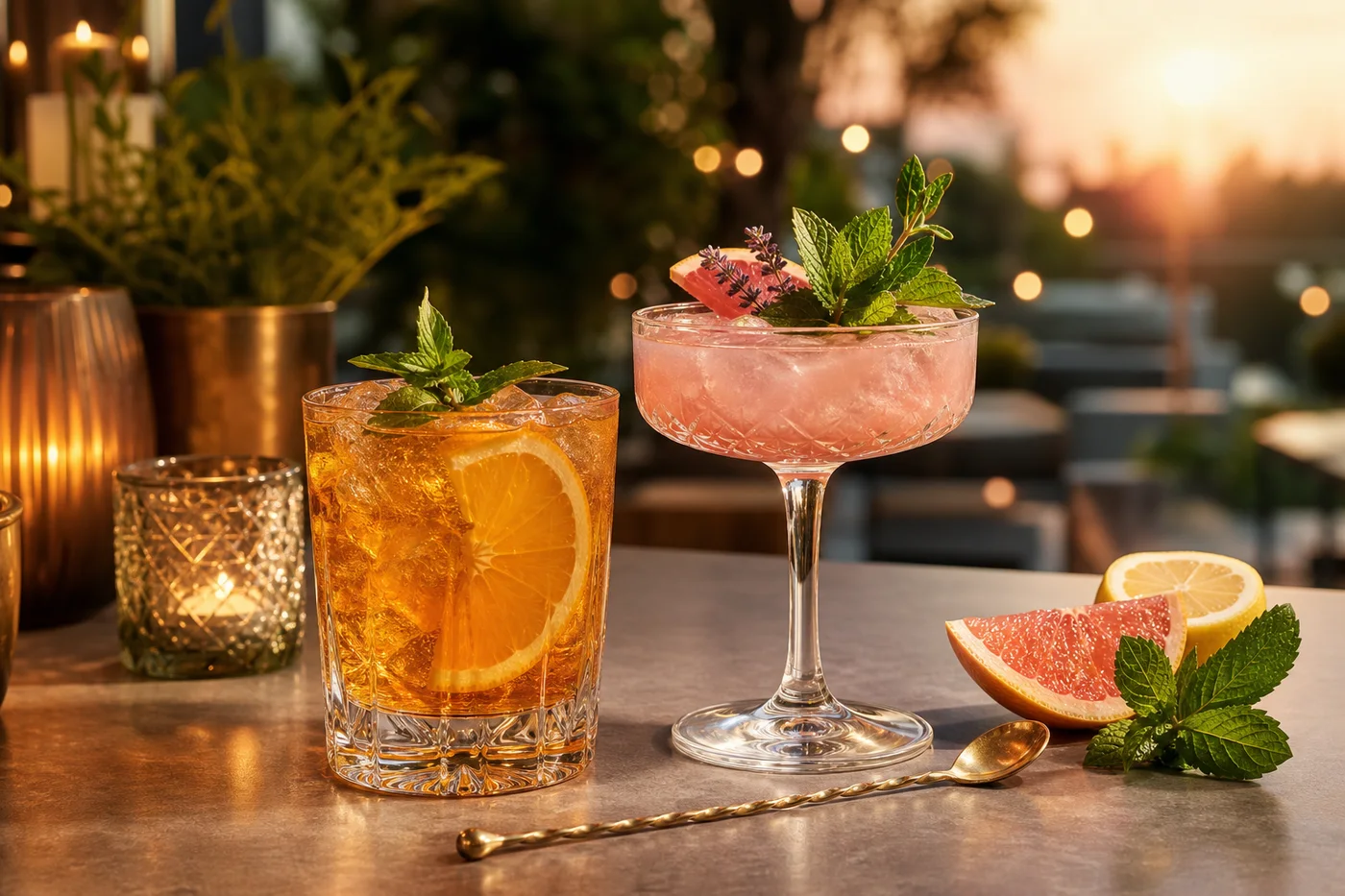 Zwei elegante Cocktails mit Zitrusfrüchten und frischen Kräutern