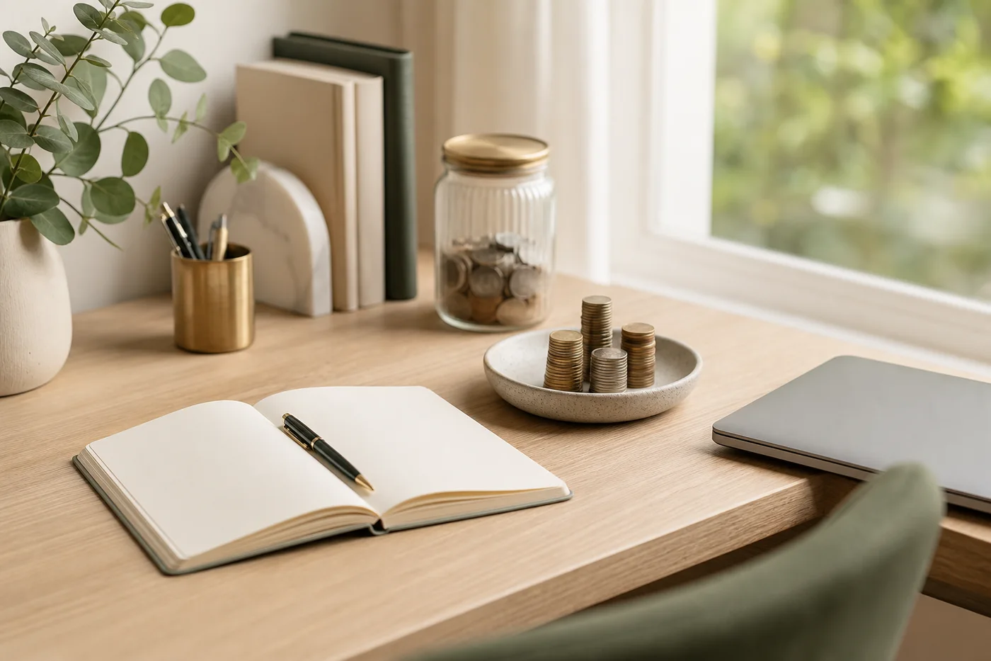 Ruhiger Arbeitsplatz mit Notizbuch, Sparglas und Münzen