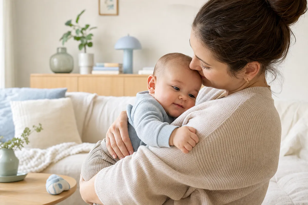 Liebevoller Familienmoment mit Baby in einem hellen, warmen Zuhause